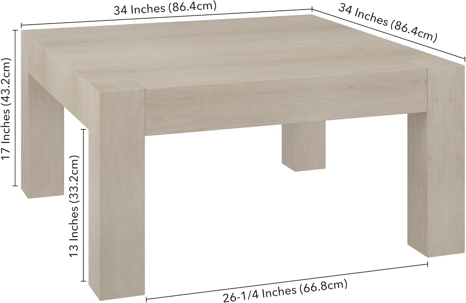 Henn&Hart 34' Square Coffee Table with Wood Top for Living Room, Family Room, Office, or Apartment, Beech White