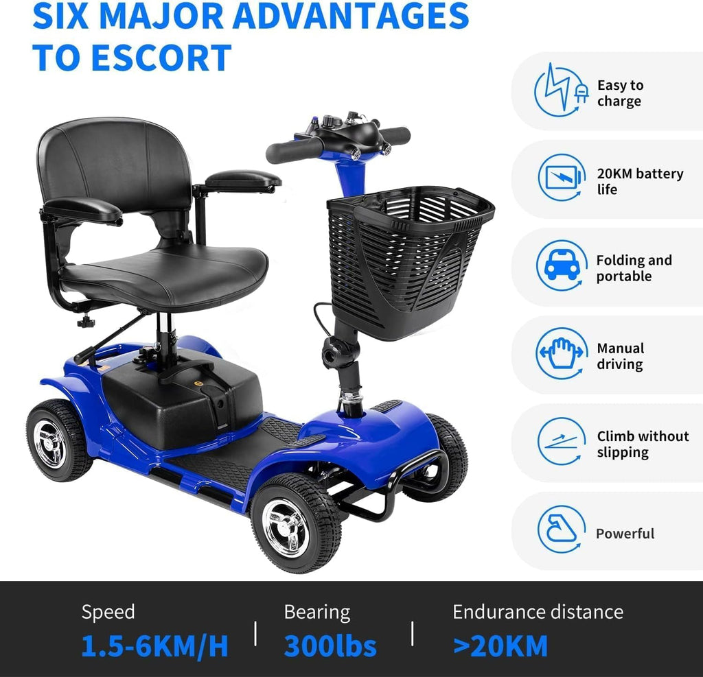 FERBAM 4 Wheel Mobility Scooter, Electric Power Mobile Wheelchair for Seniors Adult with Lights Collapsible and Compact Duty Travel Scooter w/Basket and Extended Battery Blue 1.0 Count