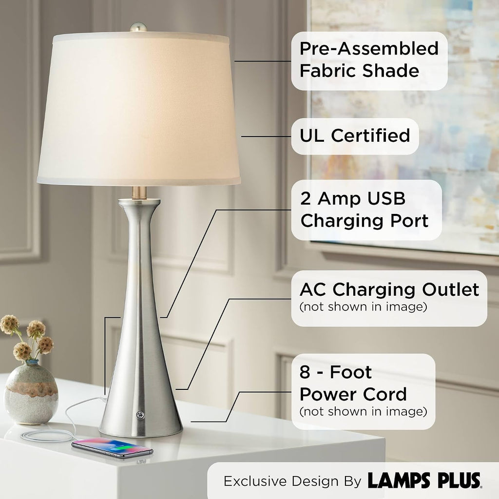 360 Lighting Karl 27 1/2' Tall Set of 2 Modern Table Lamps with USB Charging Ports A+C and AC Power Outlet Brushed Nickel White Drum Shade Bedroom Living Room House Home Bedside Nightstand Office