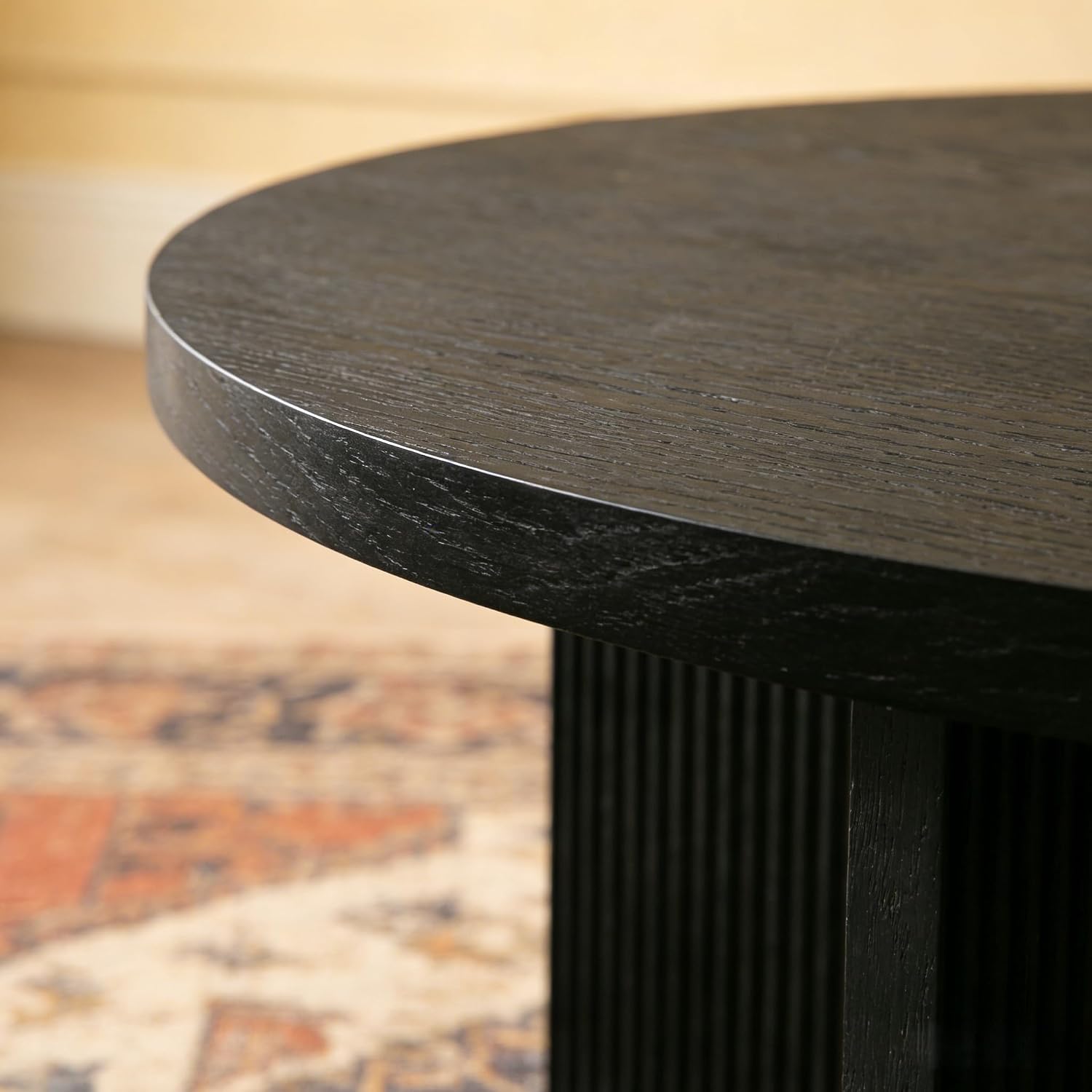 Wooden Round Coffee Table, 35' Coffee Table with Smooth Thick Mesa, Low Circle Center Table with X Shaped Stable Legs, Accent Tea Table for Living Room, Office, Black