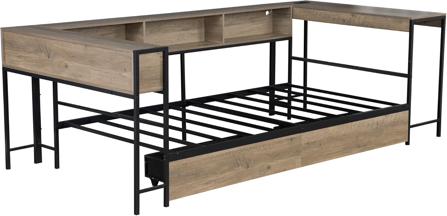 Twin Size Corner Daybed Frame with 5 Storage Shelves, Desk, 2 Drawers, Charging Station and LED Light, Metal Vintage Sofa Bed Frame for Livng Room, Bedroom, No Box Spring Needed, Grey