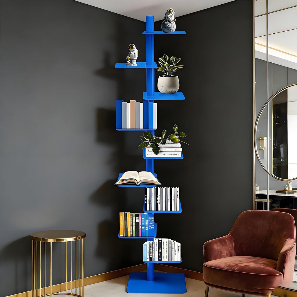 Rotating 9-Tier Bookshelf, Metal Spine Book Tower with 360° Spin, Tall Narrow Corner Bookcase, Floor Standing Storage Shelf for Bedroom, Living Room, Home Office Blue