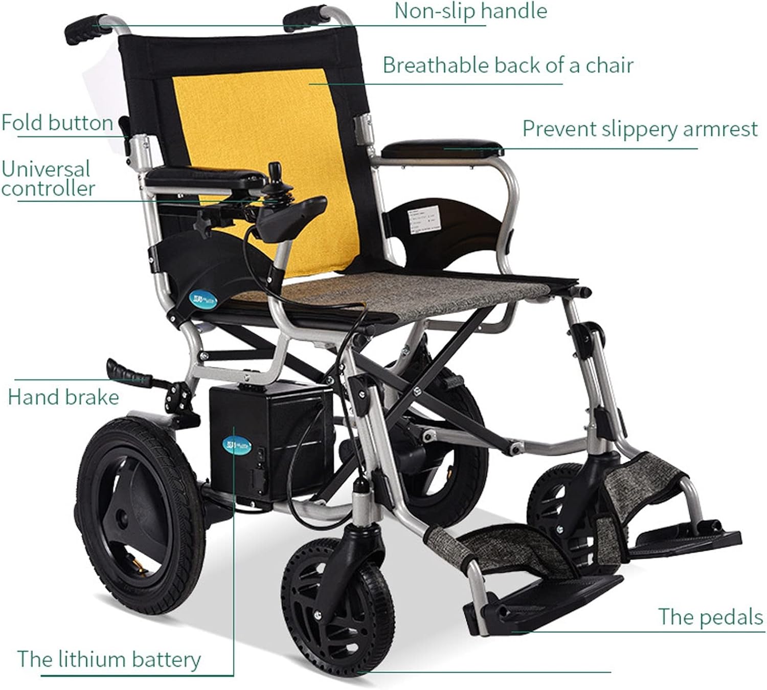 Folding Power Wheelchairs with 12AH Battery Wheelchairs Portable Propelled Wheelchair Open/Fold in 1 Second for Lower Limb Disability (Color : Yellow)