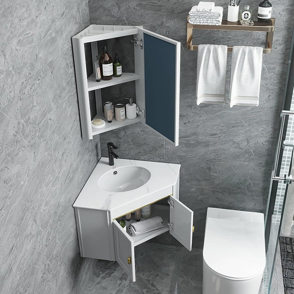 Bathroom Mirror Cabinet, Corner Vanity Mirror for Small Space, Wall Mounted Bathroom Storage Cabinet with Mirror, Aluminum Alloy Construction IP54 Waterproof (Color : White)