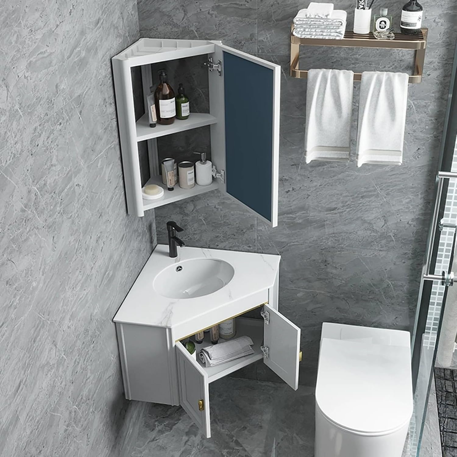 Bathroom Mirror Cabinet, Corner Vanity Mirror for Small Space, Wall Mounted Bathroom Storage Cabinet with Mirror, Aluminum Alloy Construction IP54 Waterproof (Color : White)