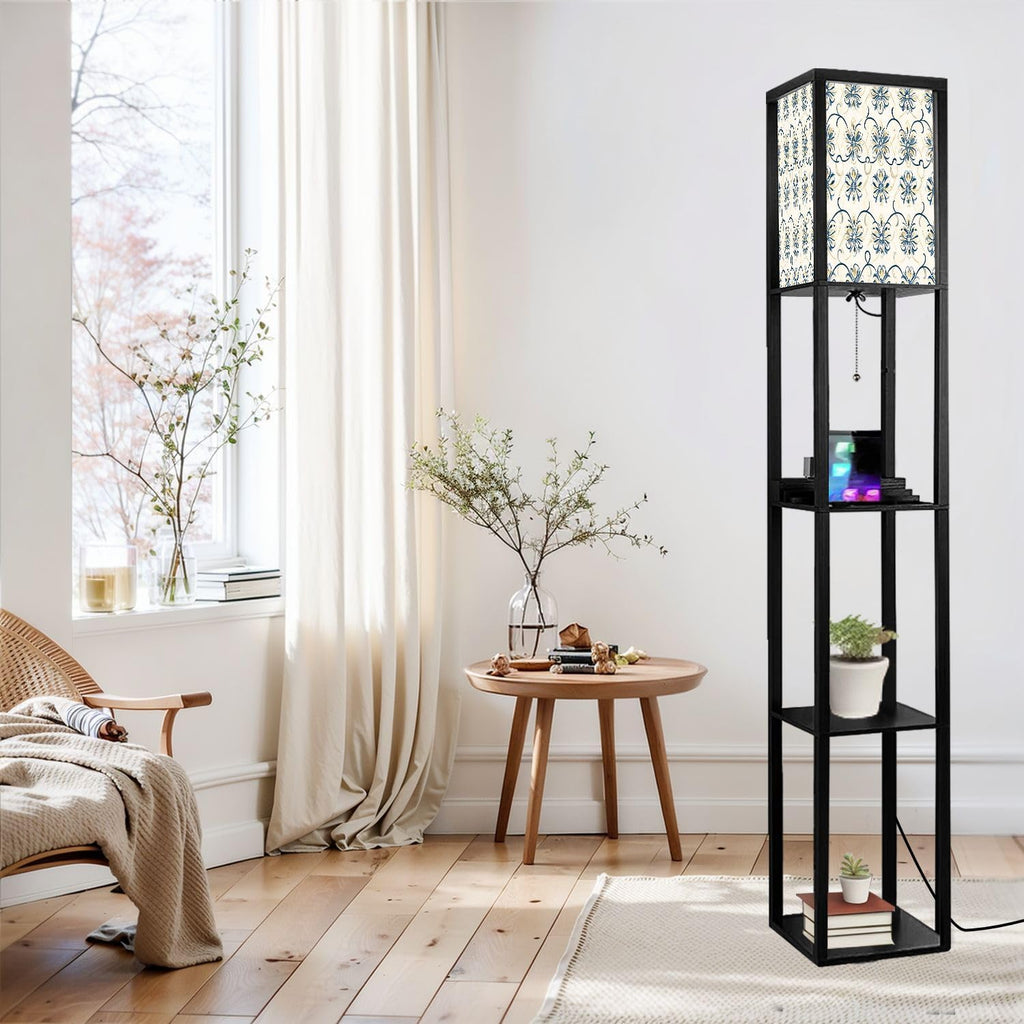 Floor Lamp with Shelves Blue yellow luxury seamless pattern Ornament Traditional Ethnic Standing Tall Lamp USB Ports & Power Outlet Modern Corner Lamp Nightstand Light for Living Room Bedroom