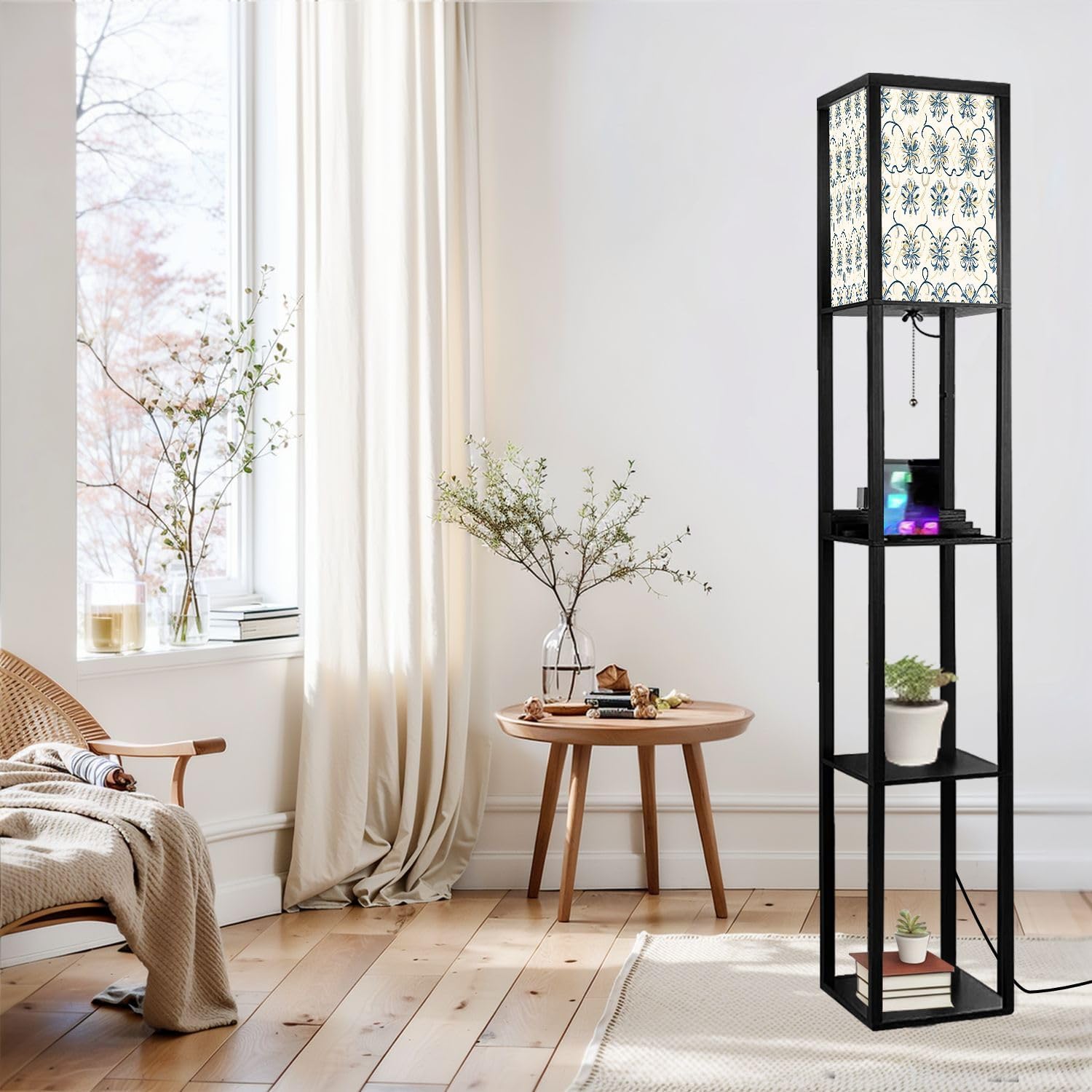 Floor Lamp with Shelves Blue yellow luxury seamless pattern Ornament Traditional Ethnic Standing Tall Lamp USB Ports & Power Outlet Modern Corner Lamp Nightstand Light for Living Room Bedroom