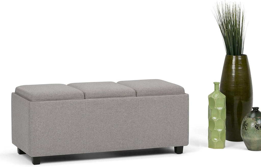 SIMPLIHOME Avalon Storage Ottoman - 42 inch Wide Upholstered Linen Look Fabric Rectangular Flip-Top Ottoman in Cloud Grey, Contemporary Coffee Table Ottoman for Living Room with Hidden Storage