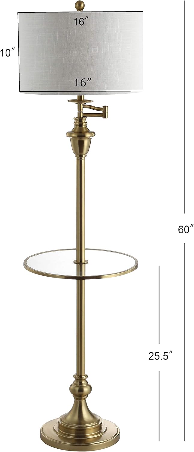 JONATHAN Y 60' Brass Gold Floor Lamp with Integrated Glass Side Table, Modern Swing Arm Standing Lamp for Living Room, White Linen Shade, LED Bulb Included JYL3055A