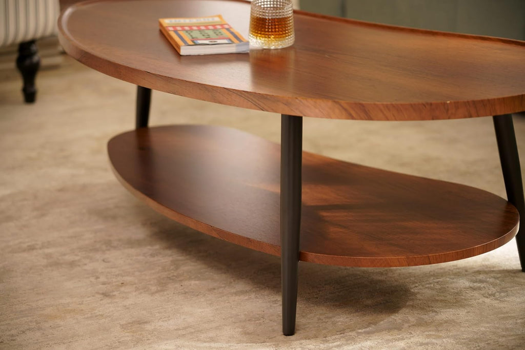 AGV LIGHTING Mango Oval Coffee Table with Storage Shelf, 47' Mid Century Modern Coffee Table for Living Room, Walnut Wood Finish MDF Top with Black Metal Legs
