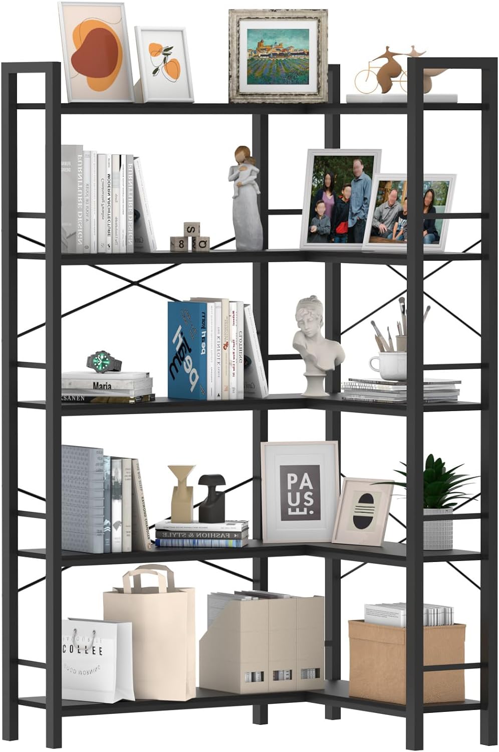 5-Shelf Corner Bookshelf, Large Open Shelf Bookcase,Black Metal Frame, L-Shaped Storage Rack with Cross Braces for Living Room Home Office