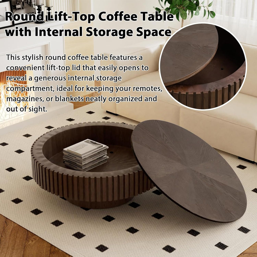 31.5'' Round Drum Coffee Table Circle Fluted Coffee Tables with Storage Modern Handcrafted Fluted Centry Table for Living Room Apartment Small Space