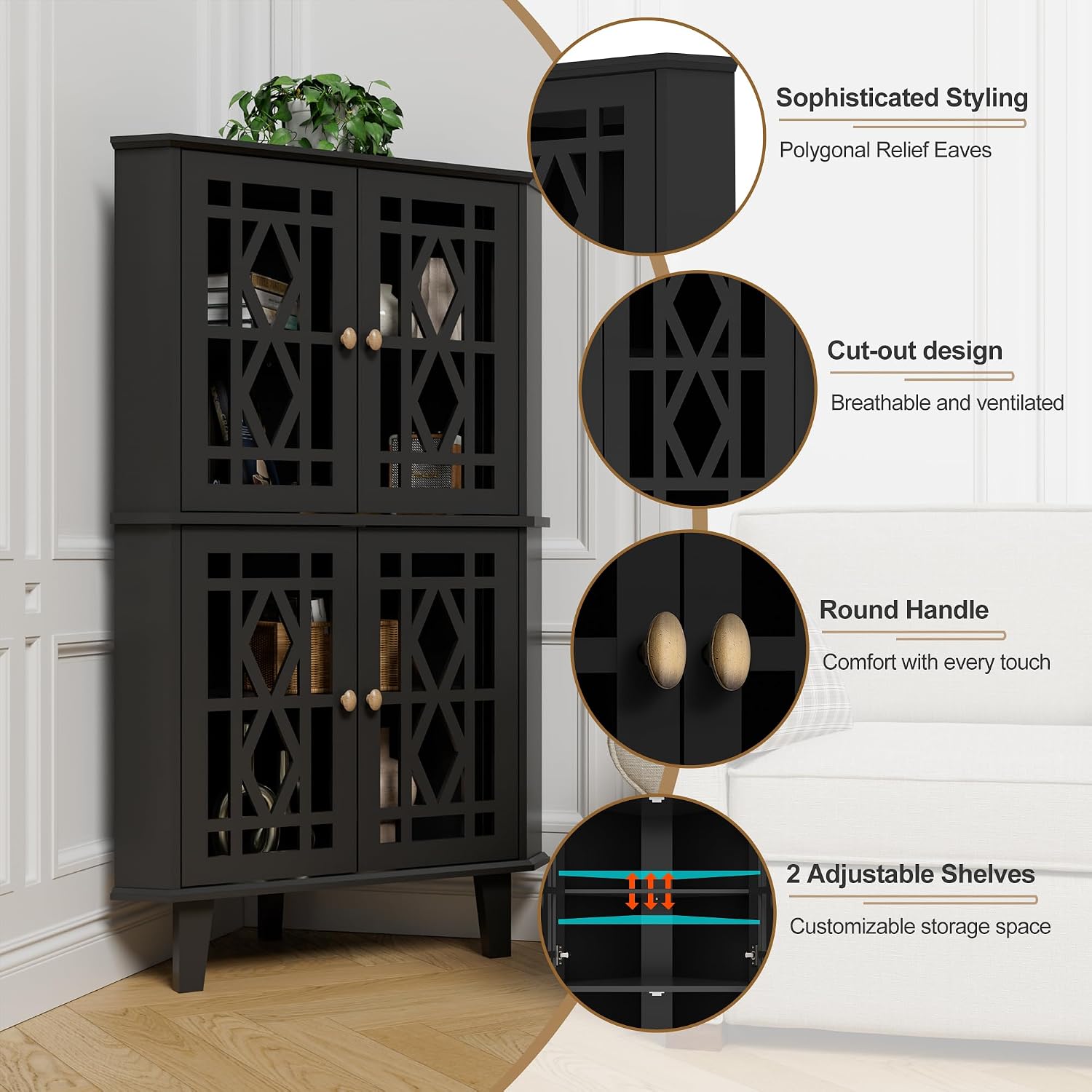 Scurrty Tall Corner Shelf Stand, Large Shelf Corner Table Sideboard Cabinet with 4 Doors and 4-Tier Shelves, Free-Standing Storage Organizer for Living Room, Dining Room & Bathroom (Black)