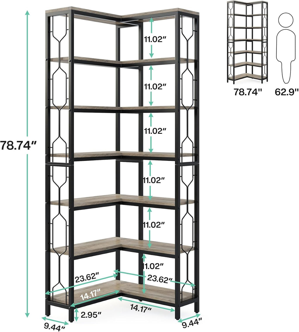 Tribesigns 7-Tier Corner Shelf, 78.7' Tall Bookshelf with Storage, Corner Bookshelf and Bookcase, Industrial Display Shelf, Large Bookcase for Living Room, Bed Room, Home Office (Grey)