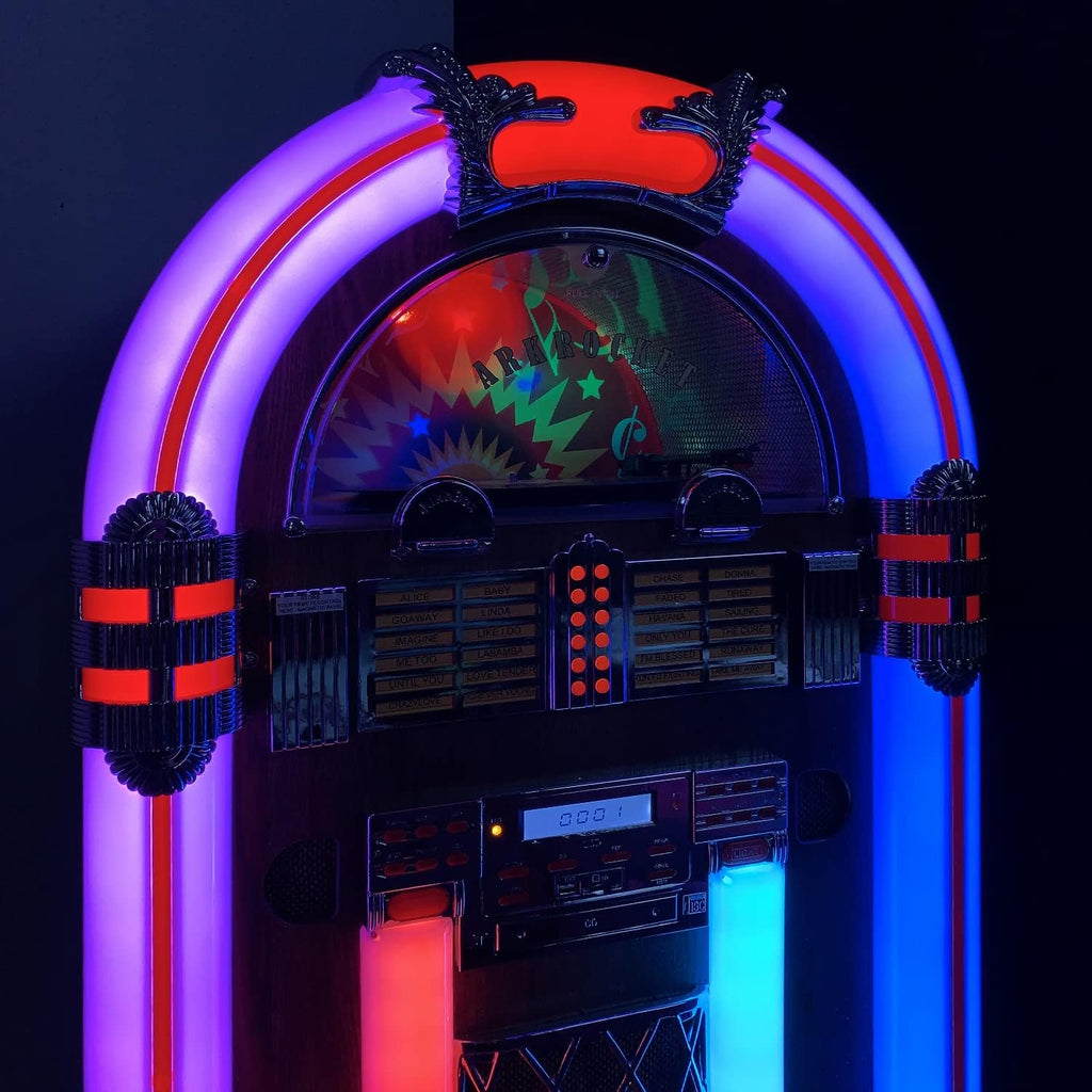 Arkrocket Saturn V Full Size Jukebox Vinyl Record Player Bluetooth USB SD CD Player Radio Retro Classic Jukebox (Saturn V + Stand - Oak)