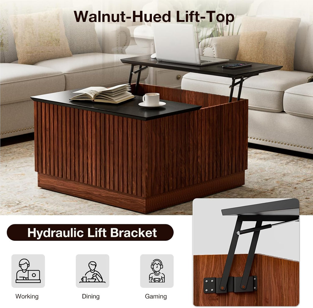 LCRBOL 31.5' Lift Top Coffee Table with Storage, Mid-Century Coffee Tables for Living Room, Square Dining Table with Large Hidden Storage Compartment & Adjustable Shelves, Walnut & Black