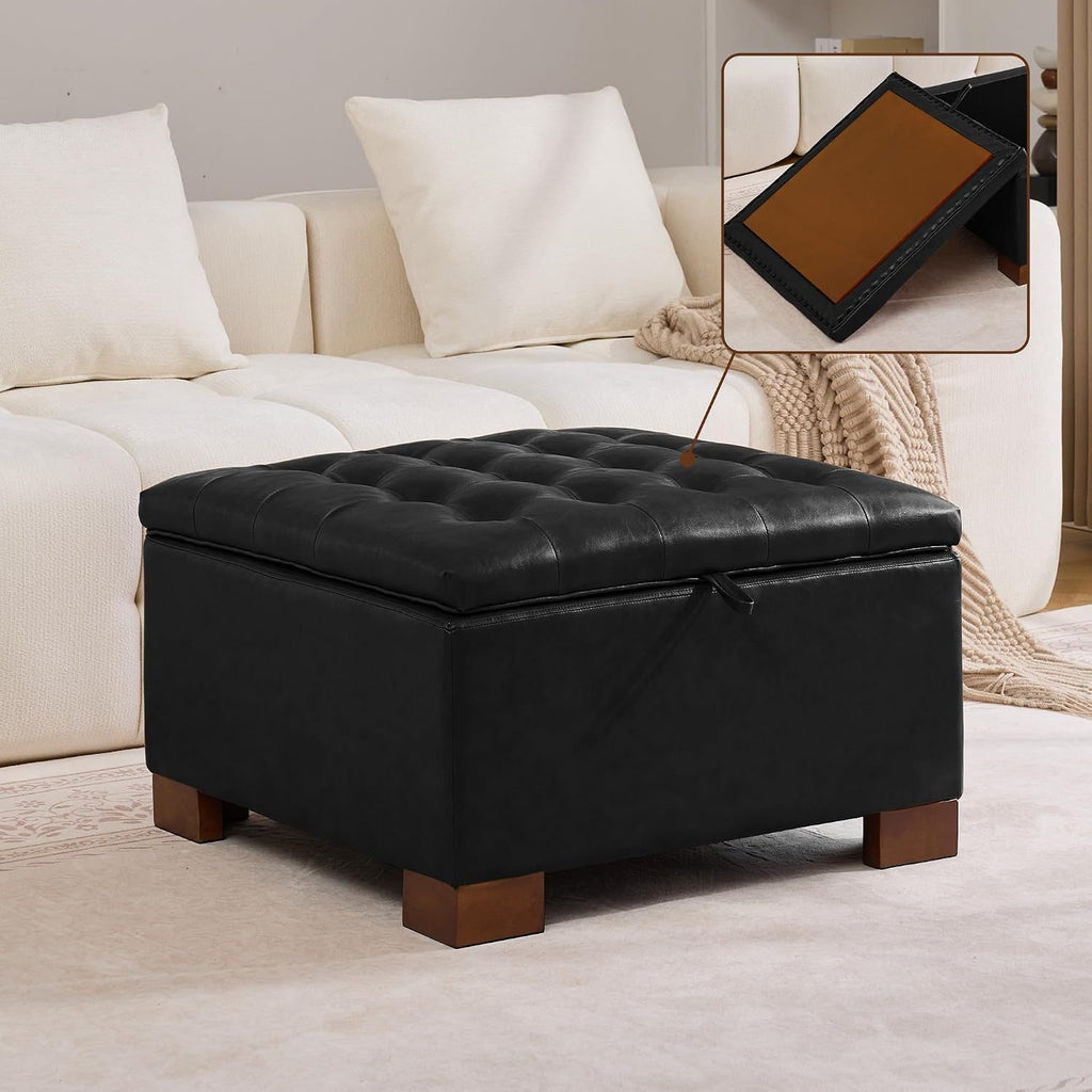 WUTUTUEE 30' Faux Leather Square Storage Ottoman with Wooden Tray, Modern Tufted Button Footstool Coffee Table, Upholstered Large Ottoman for Living Room, Bedroom, Black