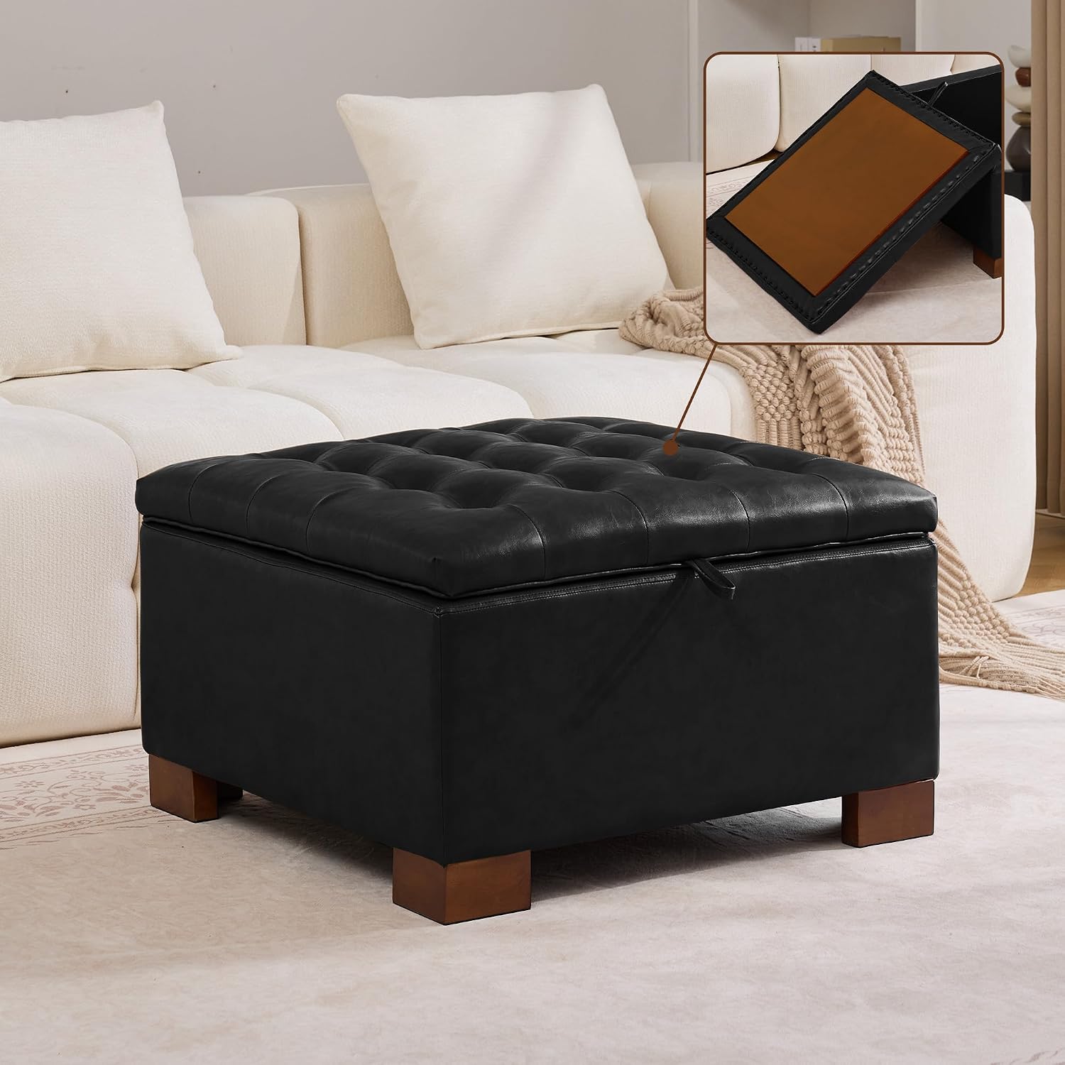 WUTUTUEE 30' Faux Leather Square Storage Ottoman with Wooden Tray, Modern Tufted Button Footstool Coffee Table, Upholstered Large Ottoman for Living Room, Bedroom, Black
