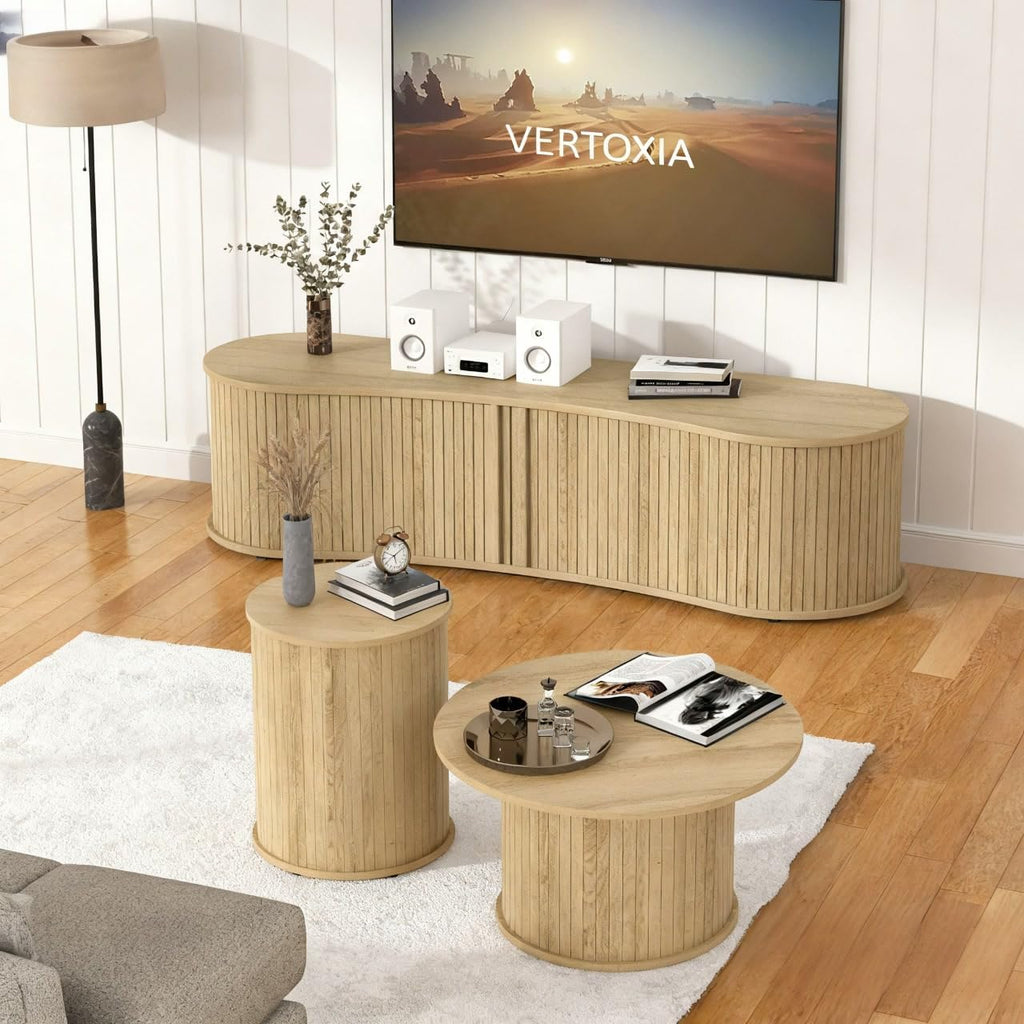 TV Stand and Coffee Table Set of 3, Living Room Table Set Fluted End Table & Coffee Table & 59' Low TV Stand with Sliding Doors for Living Room, Bedroom, No Screws Ultra Fast Assembly (Oslo Oak)