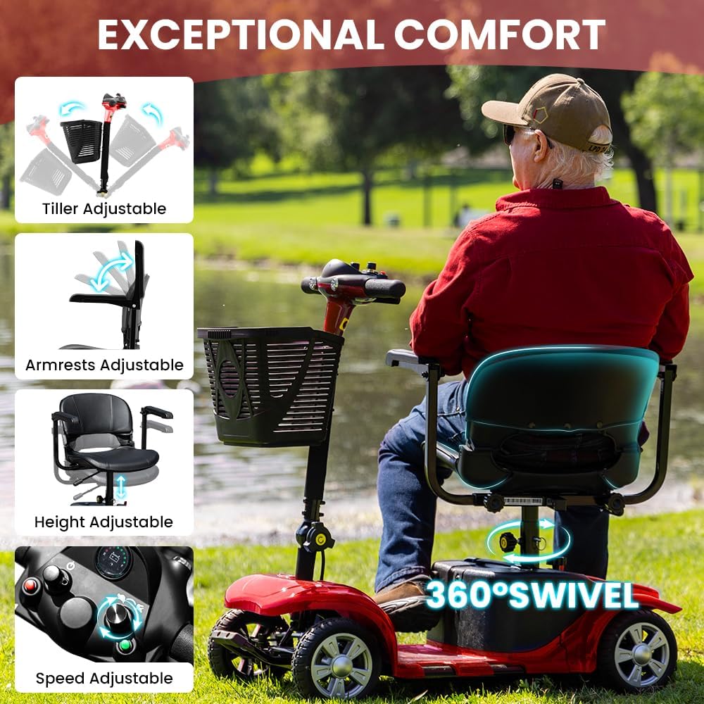 SUNDERWELL Mobility Scooters for Seniors & Adults, Compact Foldable Mobility Scooter with Tool-Free Disassembly, 15 Miles Range Electric Powered Mobility Scooters with 300 lb Capacity & USB Port (Red)