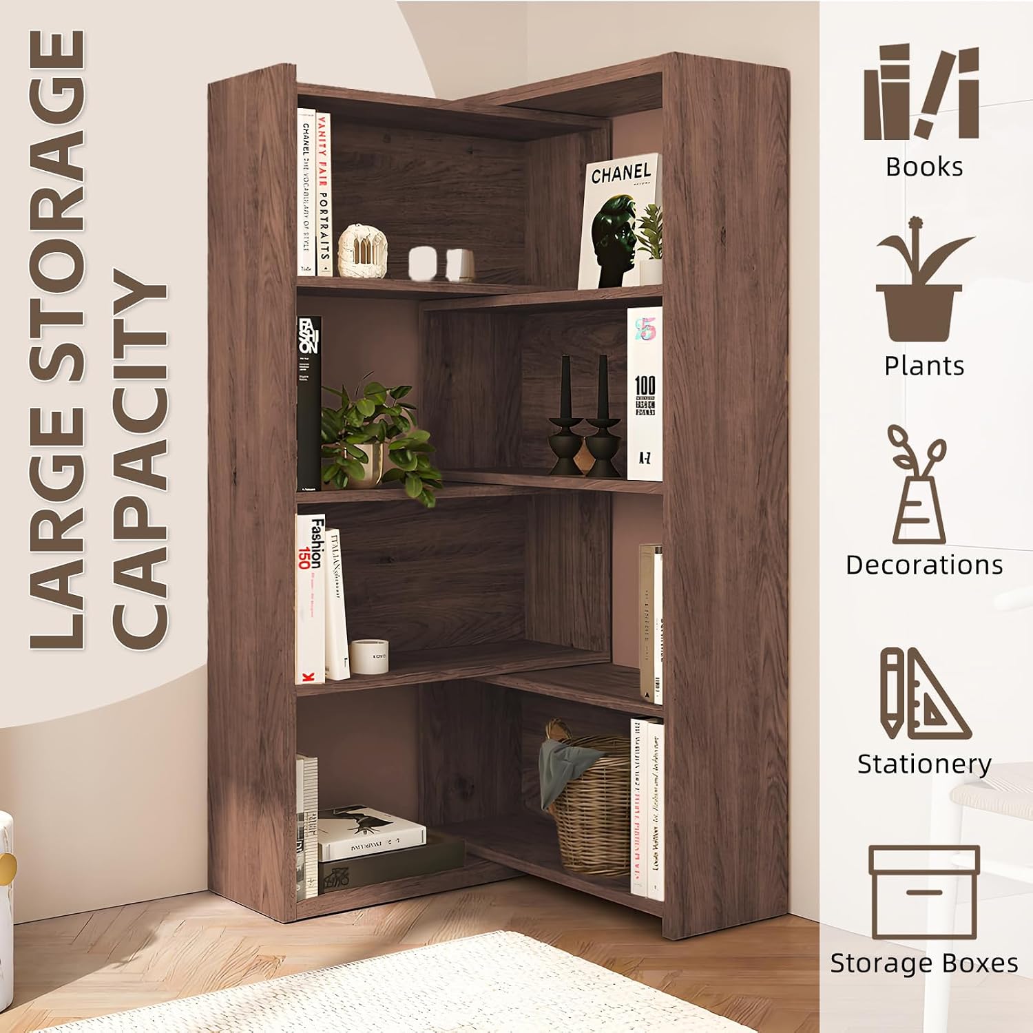 Expandable 3-in-1 Convertible Bookcase with Adjustable Width, Corner & Straight Shelf Design, 4-Tier Modern Storage Organizer, Space-Saving (Grey, 23.6' × 11.8' × 63.0')