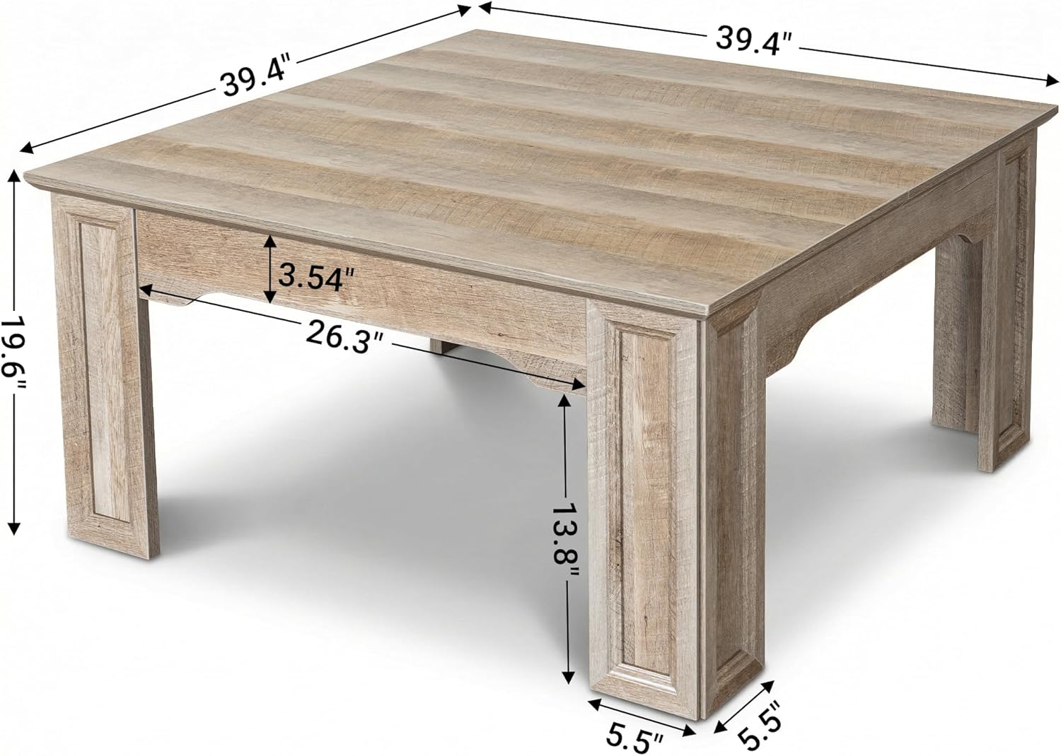 Square Coffee Table for Living Room, 39.4'' Farmhouse Wood Grain Finish Coffee Table with Carved Legs, Rustic Simple Style Center Table, Easy Assembly, Grey Wood