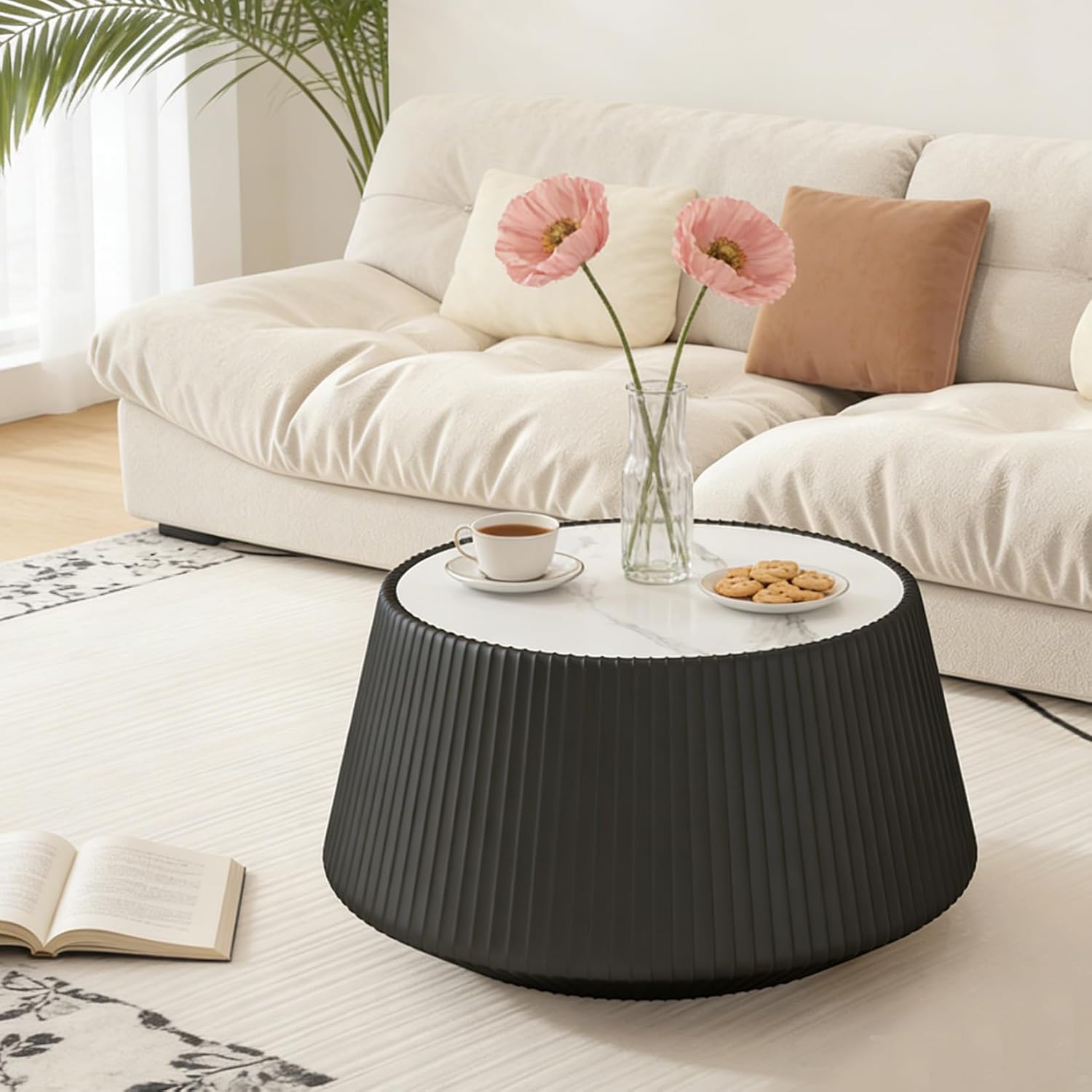 Round Coffee Table Set with Sintered Stone Tabletop, 26.77' Black Drum Center Table and 19.68' Grey Coffee Table Set, 2 Pieces Living Room Table Set with Fluted PU Leather Cover& Stable Base