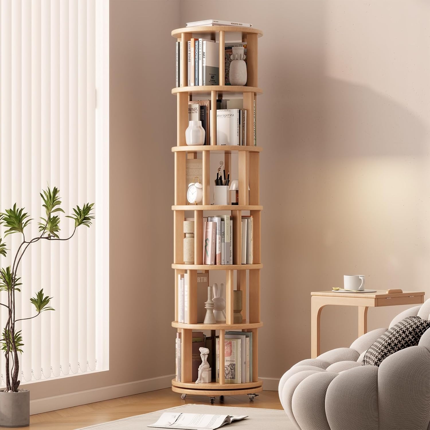 Muwuele Solid Wood Rotating Bookshelf on Wheels, 6 Tier, Round Revolving Bookcase, 360° Spinning Book Shelf Tower for Kids, Narrow Rolling Bookshelves for Small Space, Corner, Bedroom, Office, Natural