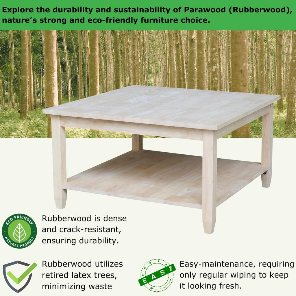 IC International Concepts, Solano Square Coffee Table, Solid Real Wood, Sturdy Parawood, Living Room/Family Room/Entryway, 32'W x 32'D x 18'H with Shelf, Paint/Stain Ready, Unfinished