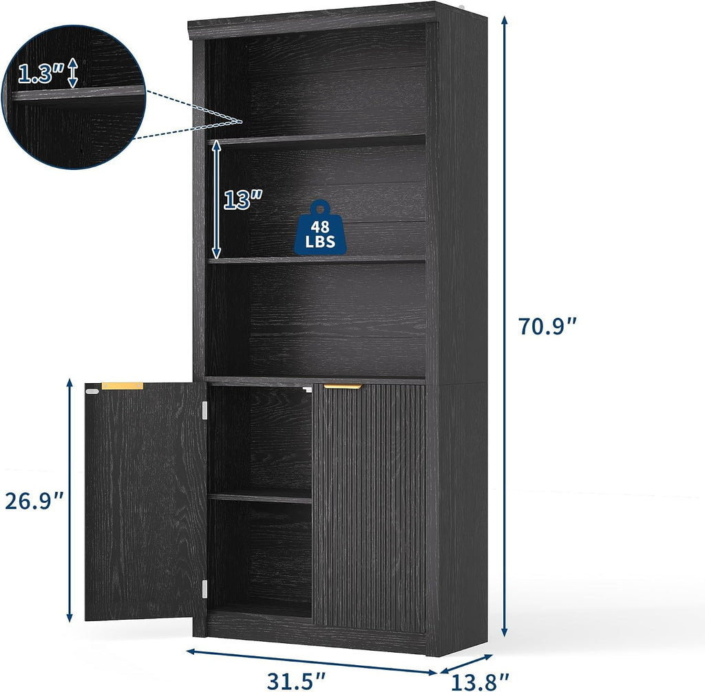 Tall Book Shelf and Bookcase 2 PCS, 31.5' Wide Wooden Bookcase with Doors, Farmhouse Book Case with Large Storage, 5-Shelf Bookcases with Adjustable top Shelve for Home Office, Living Room,Black