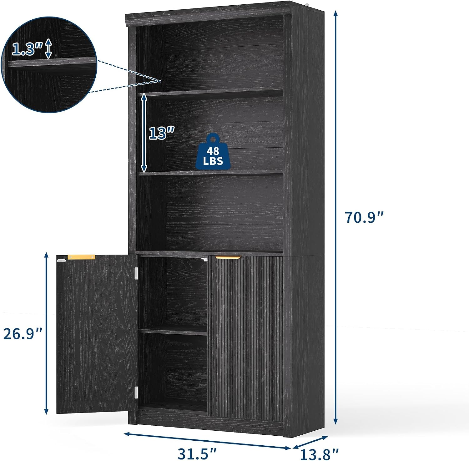 Tall Book Shelf and Bookcase 2 PCS, 31.5' Wide Wooden Bookcase with Doors, Farmhouse Book Case with Large Storage, 5-Shelf Bookcases with Adjustable top Shelve for Home Office, Living Room,Black