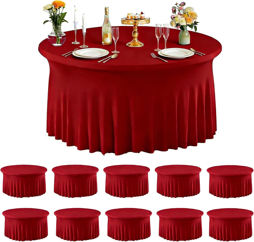 10 Pack Red Spandex Round Tablecloths for 60inch Tables, 120 Inch Stretchy 5ft Round Fitted Tablecloth Wrinkle Free Washable Table Cloths Table Covers with Skirt for Wedding Party Birthday Banquet