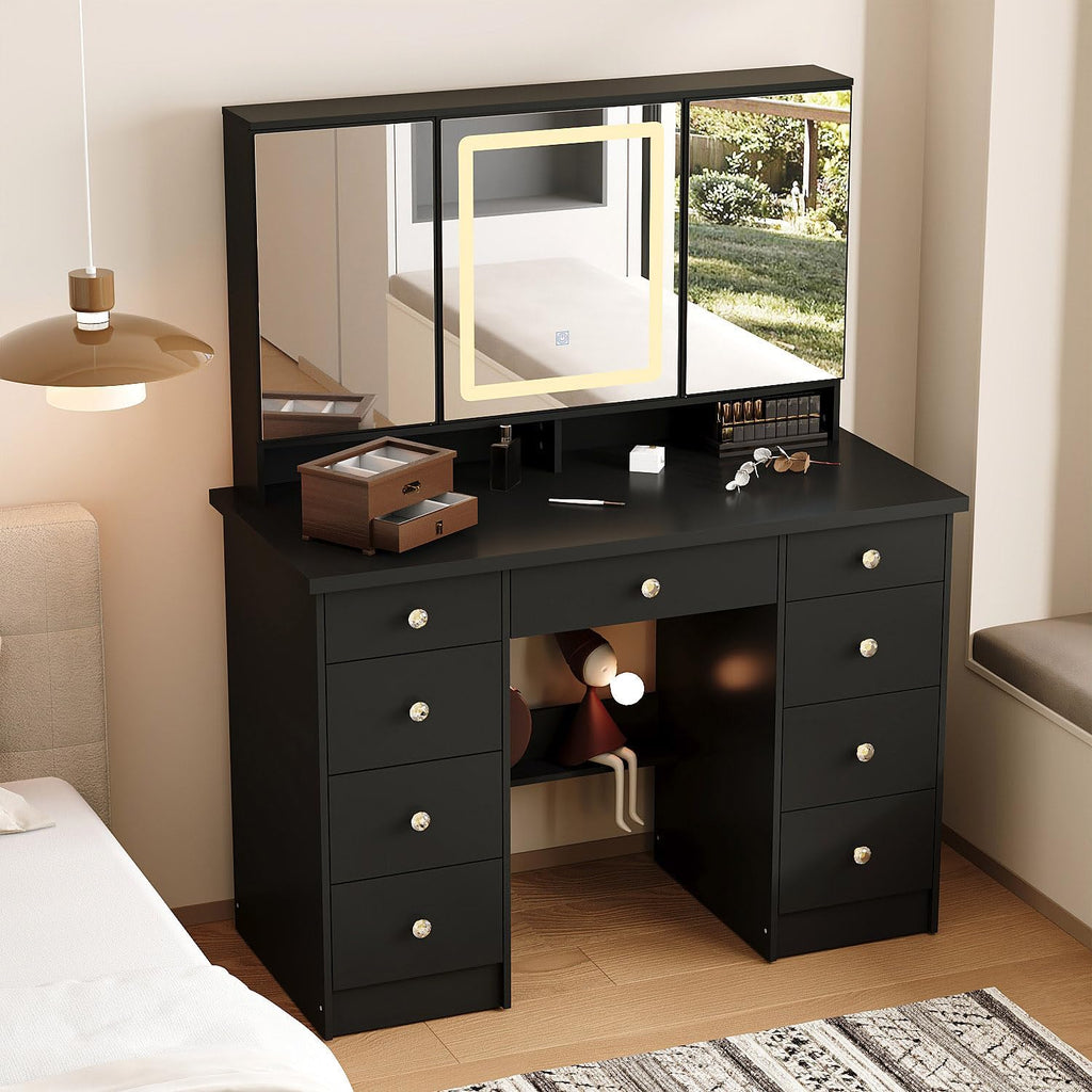 Timechee Vanity Mirror with Lights, Corner Vanity Desk with 9 Storage Drawers, 4 Large Shelves, 3 Color Lighting Options, Makeup Table Desk with Mirror for Bedroom, Restroom, Black