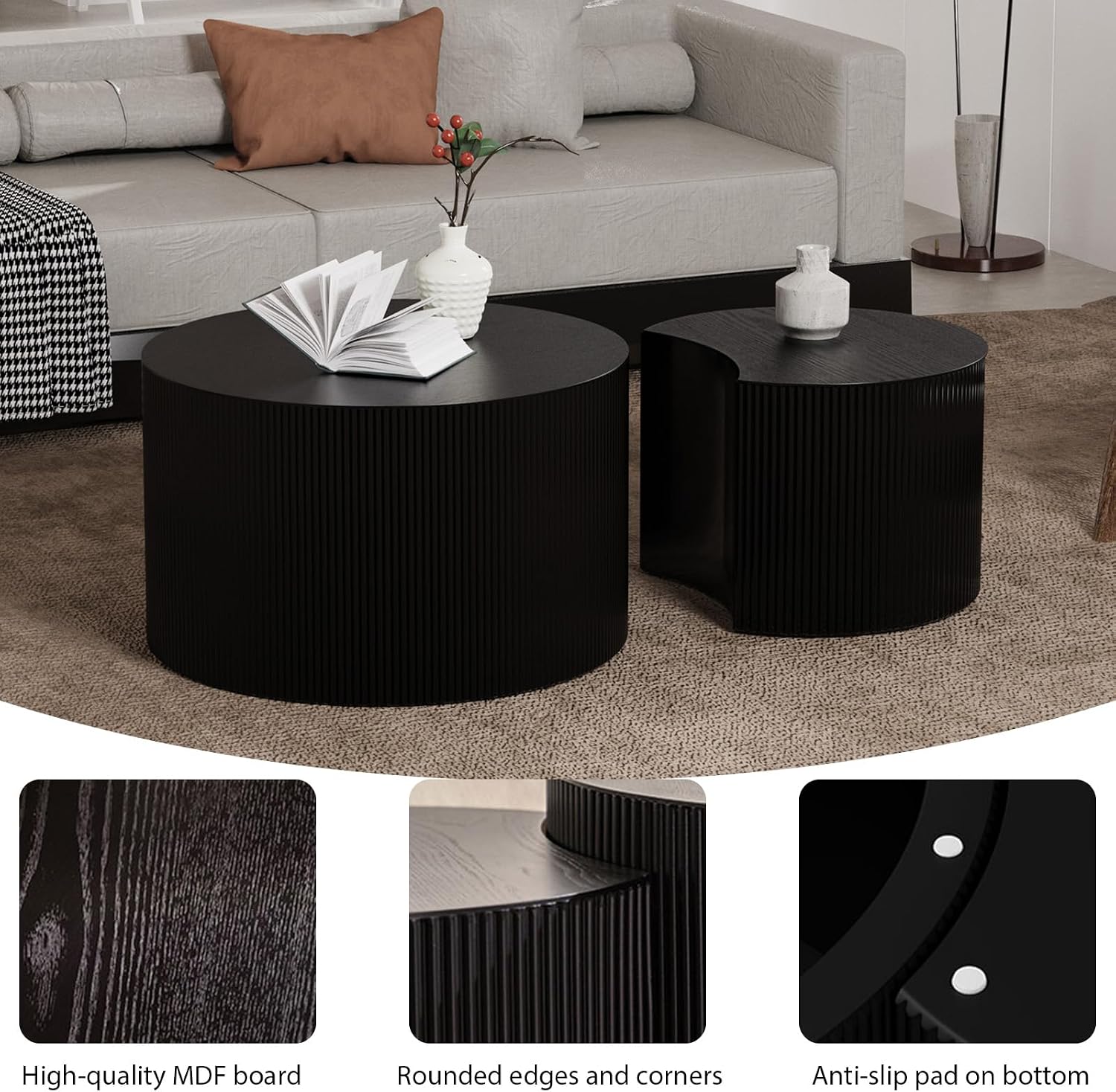 Round Wood Coffee Table Set of 2 Modern Circle Nesting Coffee Table Handcrafted Drum Nesting Table Nesting Coffee Tables for Living Room for Small Space (Black C (D27.56+D19.69 inch))