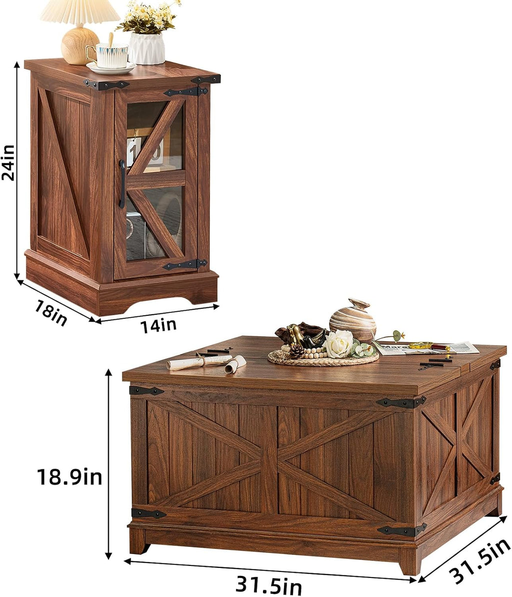 Joaxswe Farmhouse Coffee Table Sets 2 Pieces, Narrow Night Stand with Glass Barn Door Storage, Large Coffee Tables with Hidden Storage Organizer, Wood Furniture Sets for Living Room, Office, Brown