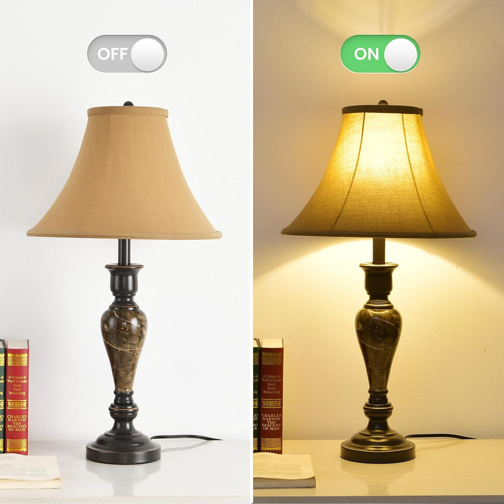 3 Piece Living Room Lamps, Vintage Table Lamp and Floor Lamp Set of 3, Stable Iron Base with Brown Fabric Shade for Bedroom Reading Room Office