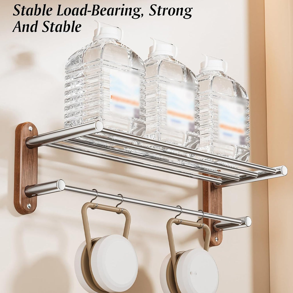Stainless Steel+Solid Wood Towel Rack,Double Layer Bar Wall Mounted,Two Installation Methods,Bathroom Accessories,for Bedroom Bathroom Kitchen(17x18.7x50cm)