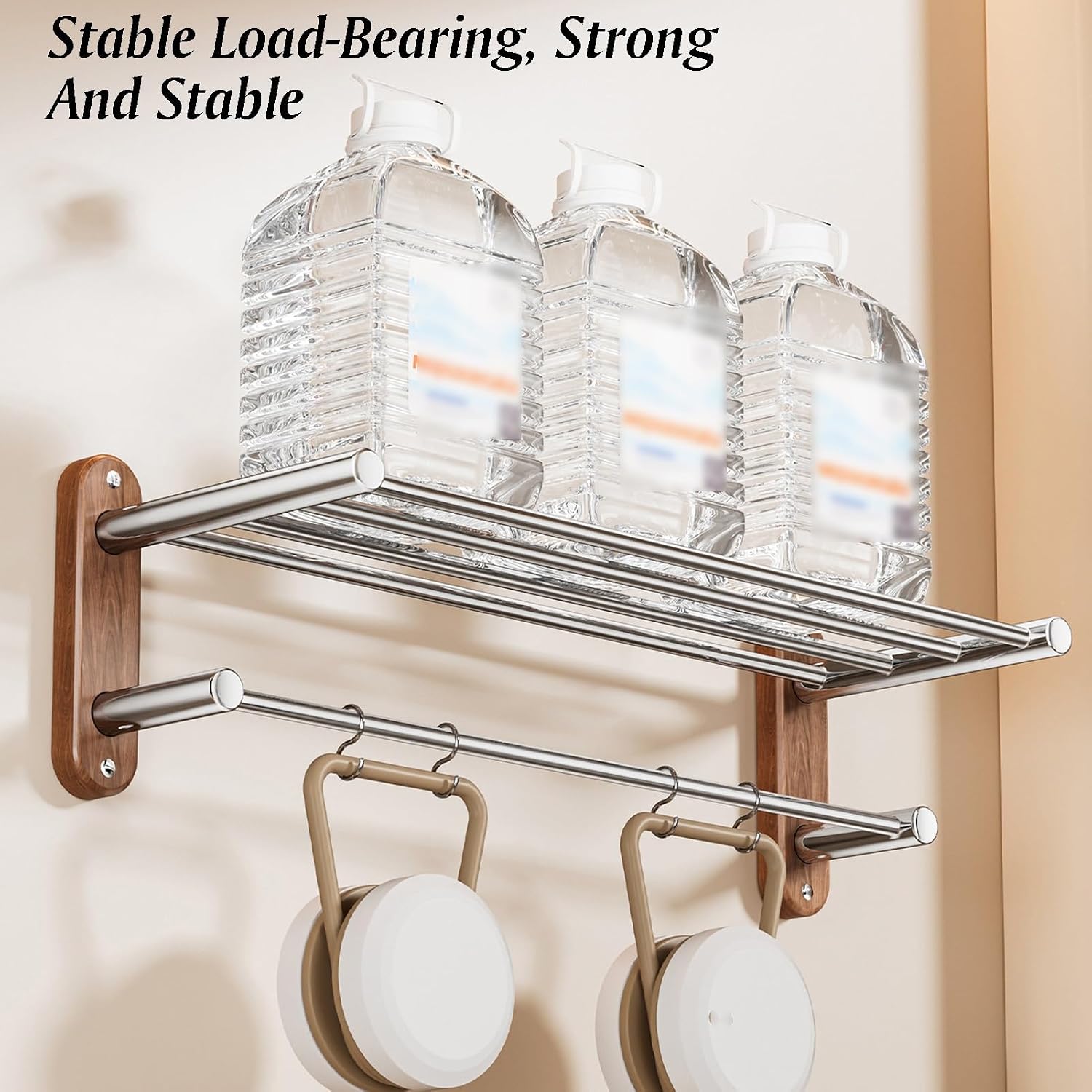 Stainless Steel+Solid Wood Towel Rack,Double Layer Bar Wall Mounted,Two Installation Methods,Bathroom Accessories,for Bedroom Bathroom Kitchen(17x18.7x50cm)