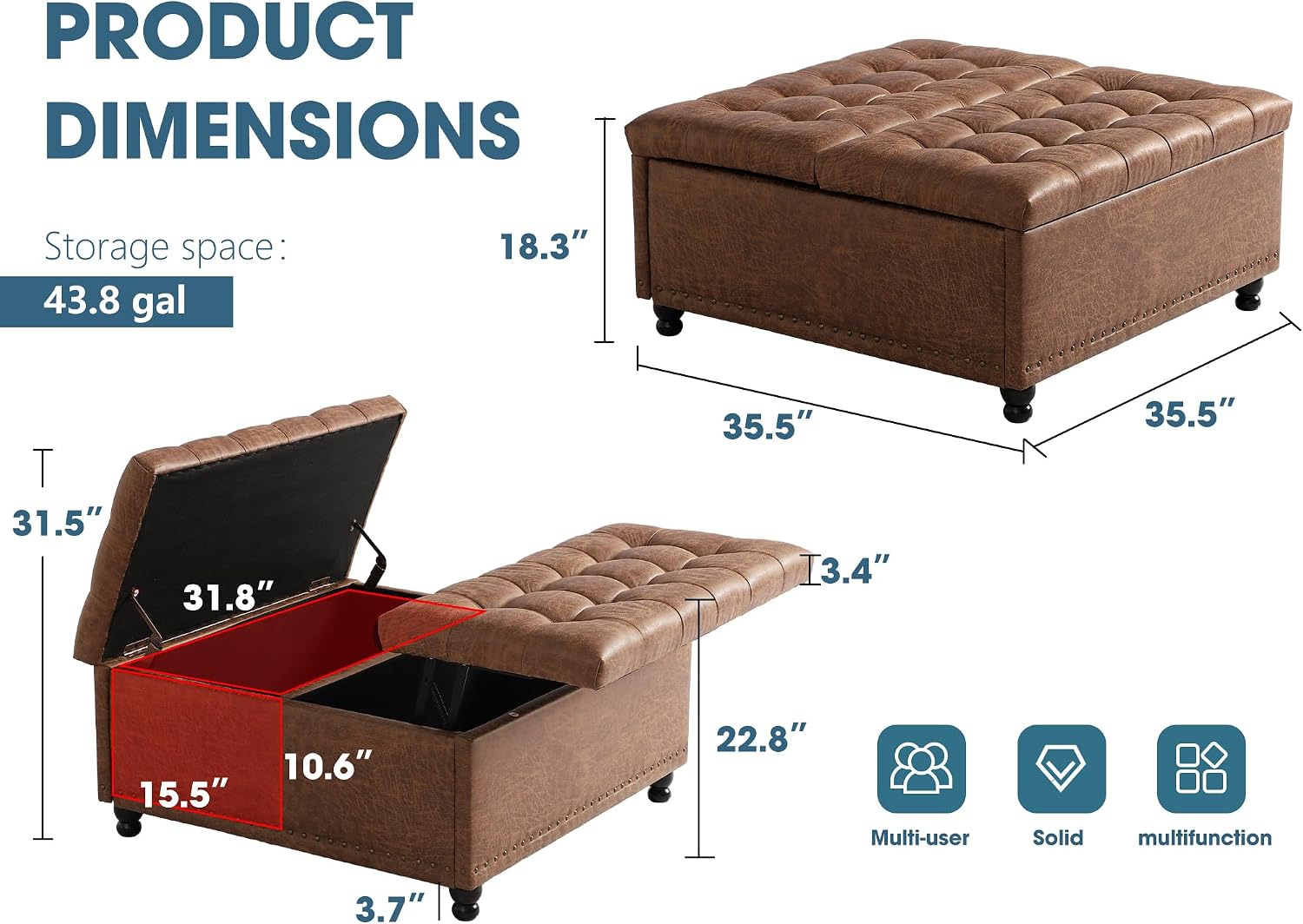 Grepatio 35.5' Large Square Storage Ottoman, Lift Top Ottoman Square Bench with Storage, Tufted Upholstered Ottomans, Ottomans Coffee Tables for Living Room, Bedroom (Brown)