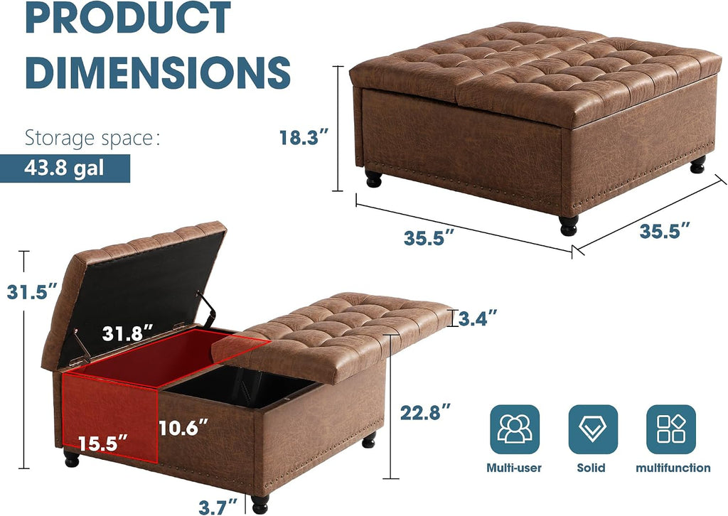 Grepatio Square Tufted Ottoman with Storage - 35.5' Large Lift-Top Storage Ottomans Upholstered Coffee Table for Living Room Bedroom (Brown)