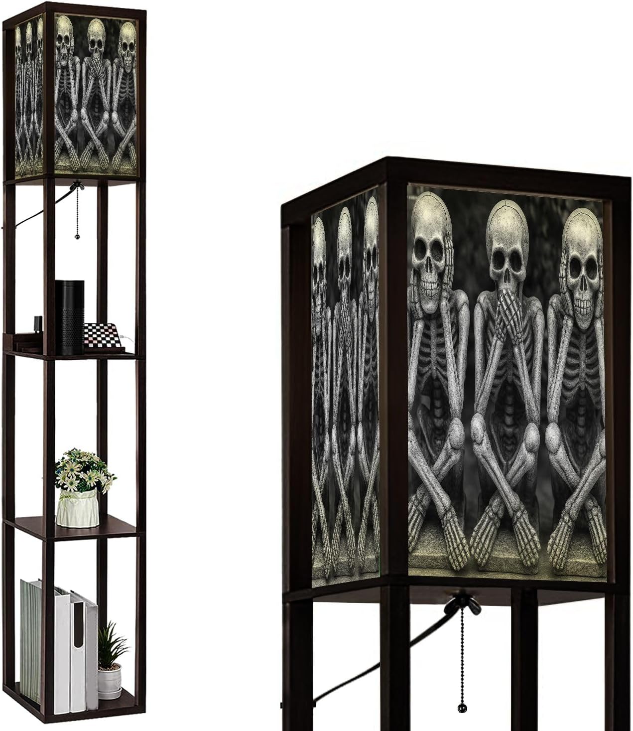 Floor Lamp with Shelves Skeletons Funny Hear no Evil Standing Tall Lamp USB Ports & Power Outlet Modern Corner Lamp Nightstand Light for Living Room Bedroom