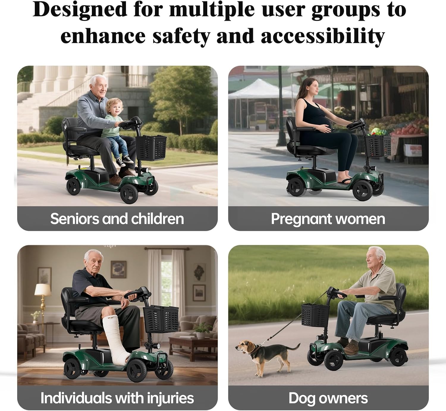 Mobility Scooter,4 Wheel Mobility Scooter,300LBS Capacity,Lightweight and Portable,with LED Headlights and Basket,Charger Included,Gifts Suitable for Elders,Green