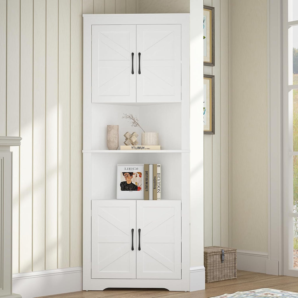 JOZZBY Corner Storage Cabinet, Farmhouse Corner Cabinet with Barn Doors & Adjustable Shelves, Corner Hutch Shelf Home Space Saver for Kitchen, Living Room, Hallway, White