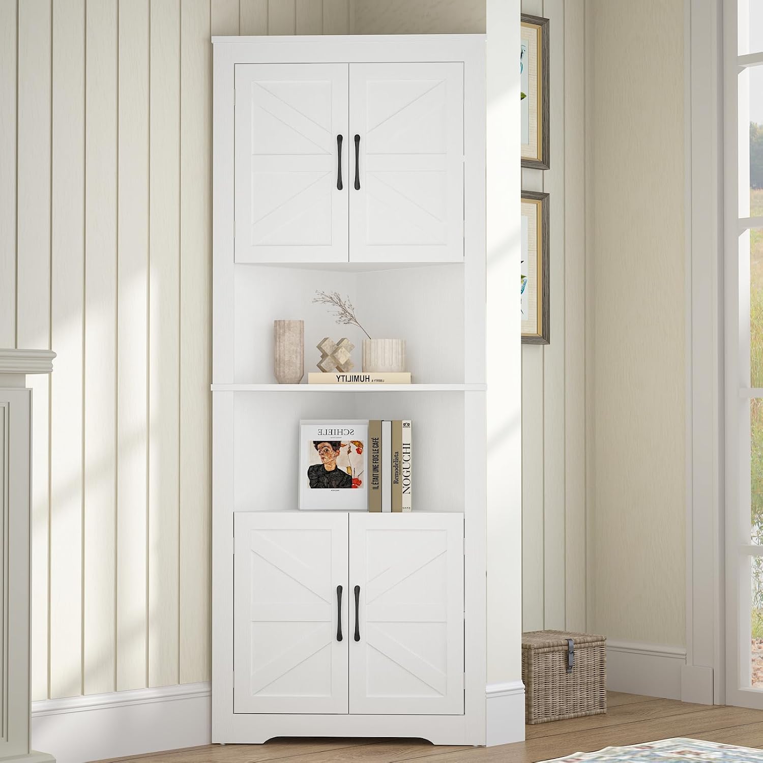 JOZZBY Corner Storage Cabinet, Farmhouse Corner Cabinet with Barn Doors & Adjustable Shelves, Corner Hutch Shelf Home Space Saver for Kitchen, Living Room, Hallway, White