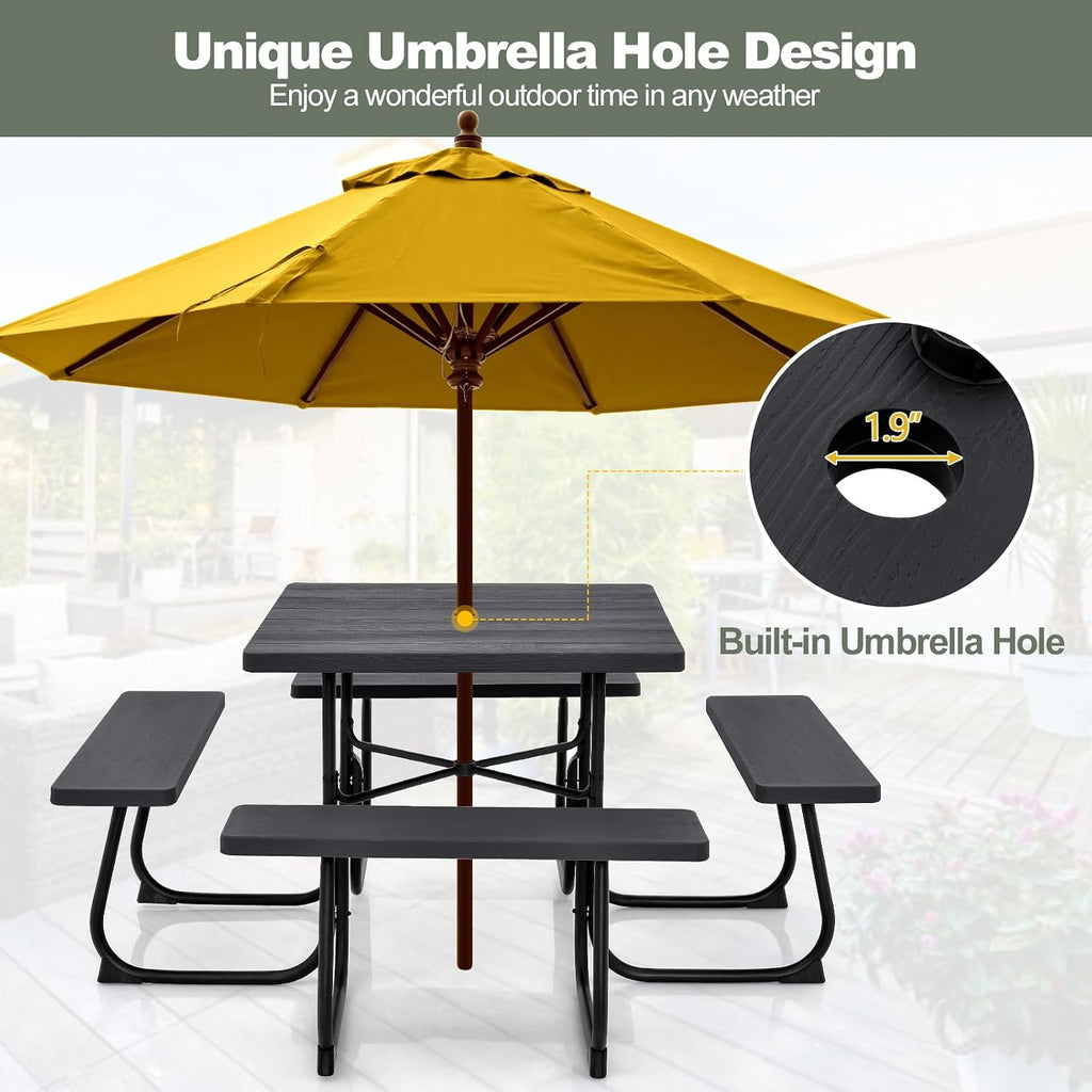 Tangkula 8 Person Picnic Table, Outdoor Square Picnic Table with 4 Built-in Benches, Umbrella Hole, Metal Frame & HDPE Tabletop, Outside Table and Bench Set for Backyard, 2300lbs Weight Capacity