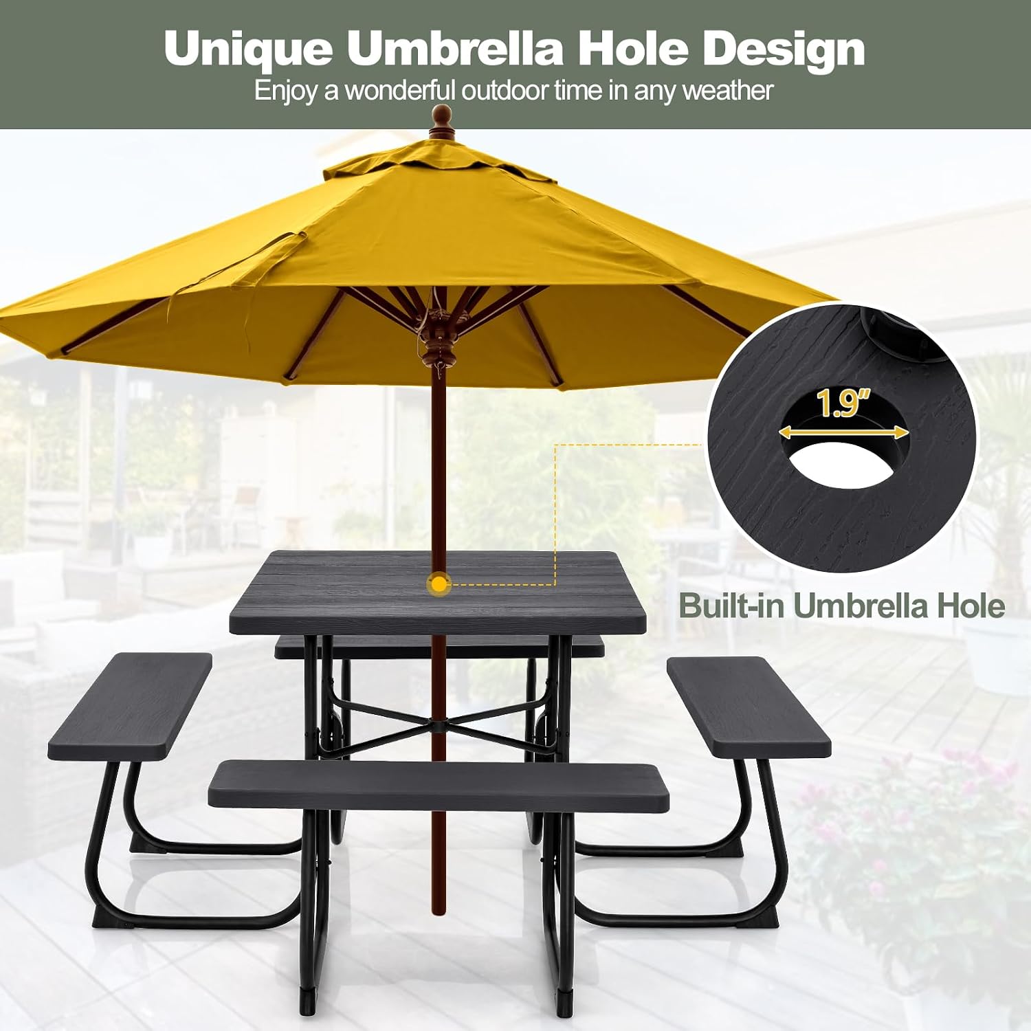 Tangkula 8 Person Picnic Table, Outdoor Square Picnic Table with 4 Built-in Benches, Umbrella Hole, Metal Frame & HDPE Tabletop, Outside Table and Bench Set for Backyard, 2300lbs Weight Capacity