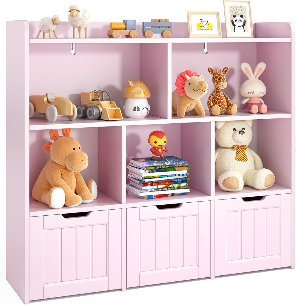 Gizoon Toy Storage Organizer with 3 Movable Drawers and 6 Open Shelves Kids Bookshelf Featuring Fall Prevention Barrier for Playroom Nursery Kids Room Organization, Pink, Painted