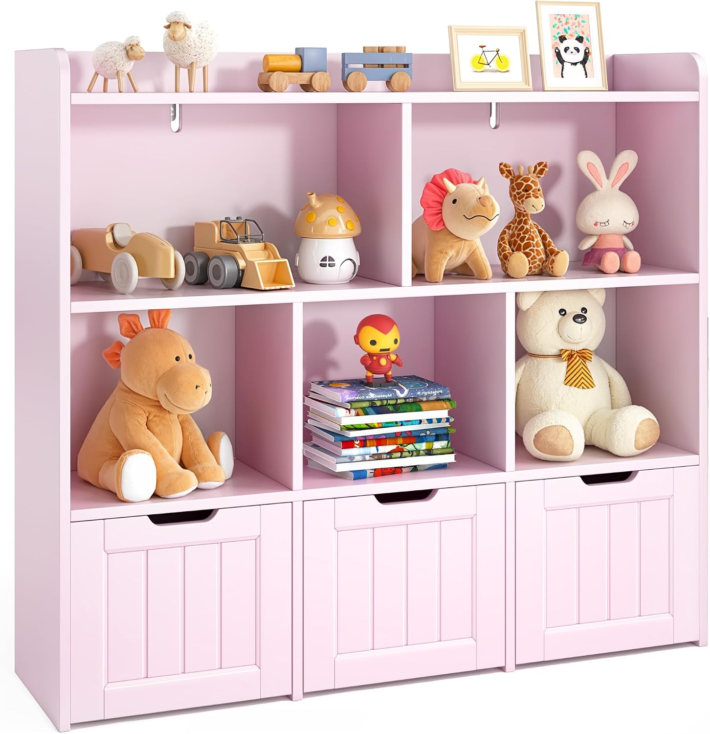 Gizoon Toy Storage Organizer with 3 Movable Drawers and 6 Open Shelves Kids Bookshelf Featuring Fall Prevention Barrier for Playroom Nursery Kids Room Organization, Pink, Painted