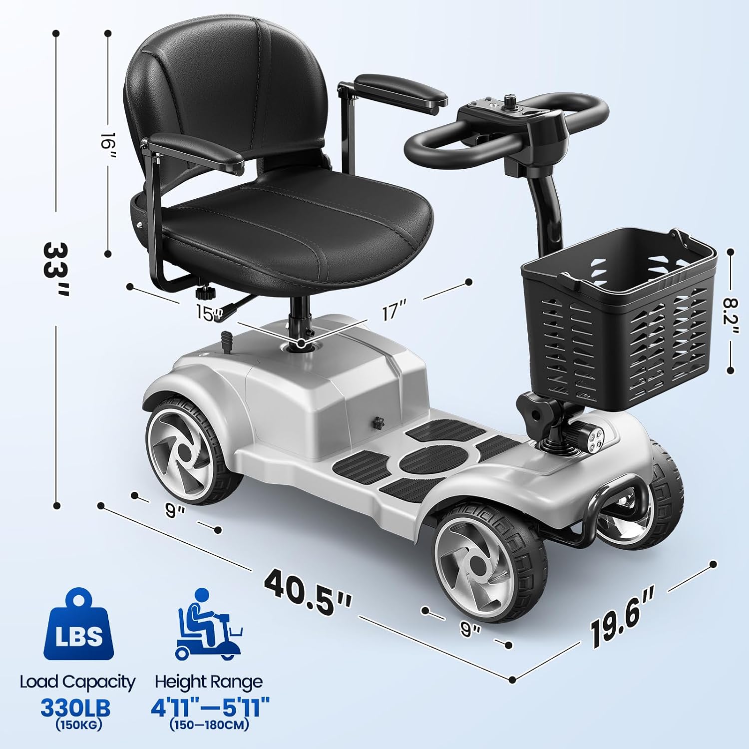 4 Wheel Electric Mobility Scooter for Adults and Seniors, 20 Miles Range Foldable Electric Scooter, Compact Heavy Duty Mobile for Travel with 300 lb Capacity, Powered Electric Wheelchair, Grey