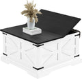 Farmhouse Coffee Table with Large Hidden Storage, Square Wood Living Room Tables, Multi-Function Lift Wooden Barn Door Center Table (White& Black)